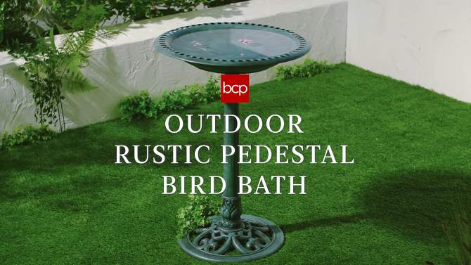 Best Choice Products Outdoor Rustic Pedestal Bird Bath Accent for Garden, Yard w/ Fleur-de-Lis Accents, 2 of 9, play video