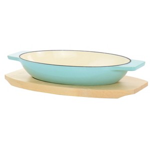 Gibson 2 Piece Enameled Cast Iron Oval Casserole Birch Wood Trivet Set in Aqua - 1 of 4
