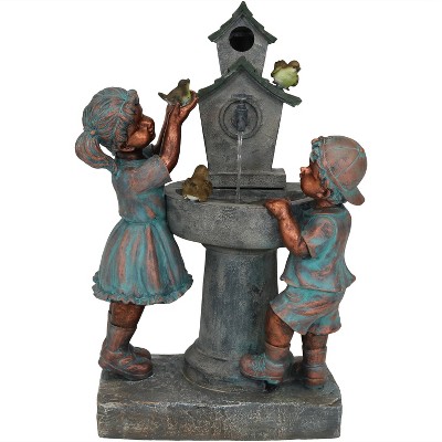 Sunnydaze 30"H Electric Polyresin Boy and Girl at Bird Bath Outdoor Water Fountain