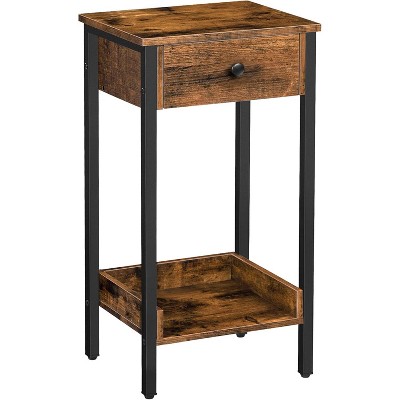 MaseiKar Tall End Table, Nightstand, Industrial Side Table with Drawer and Storage Shelf, for Study, Bedroom, Space Saving, Rustic Brown and Black