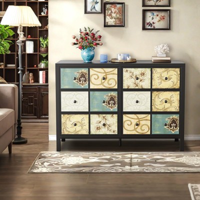 6-Drawer Dresser for Bedroom, Rustic Farmhouse Wood Chest with Metal Handles, Retro Floral Pattern Drawers for Living Room or Entryway
