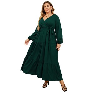 Clearlove Women's Plus Size V-Neck Long Sleeves A-Line Pleated Floor Length Formal Dress - 1 of 4