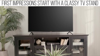 Black Highboy TV Stand with Glass Doors and MDF Veneers