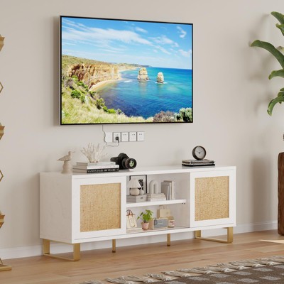 Boho Rattan TV Stand for 65 Inch TV, White & Gold Media Console with Marble Finish, Entertainment Center with Doors & Shelves for Living Room