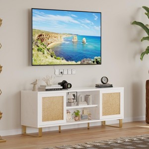 Boho Rattan TV Stand for 65 Inch TV, White & Gold Media Console with Marble Finish, Entertainment Center with Doors & Shelves for Living Room - 1 of 4