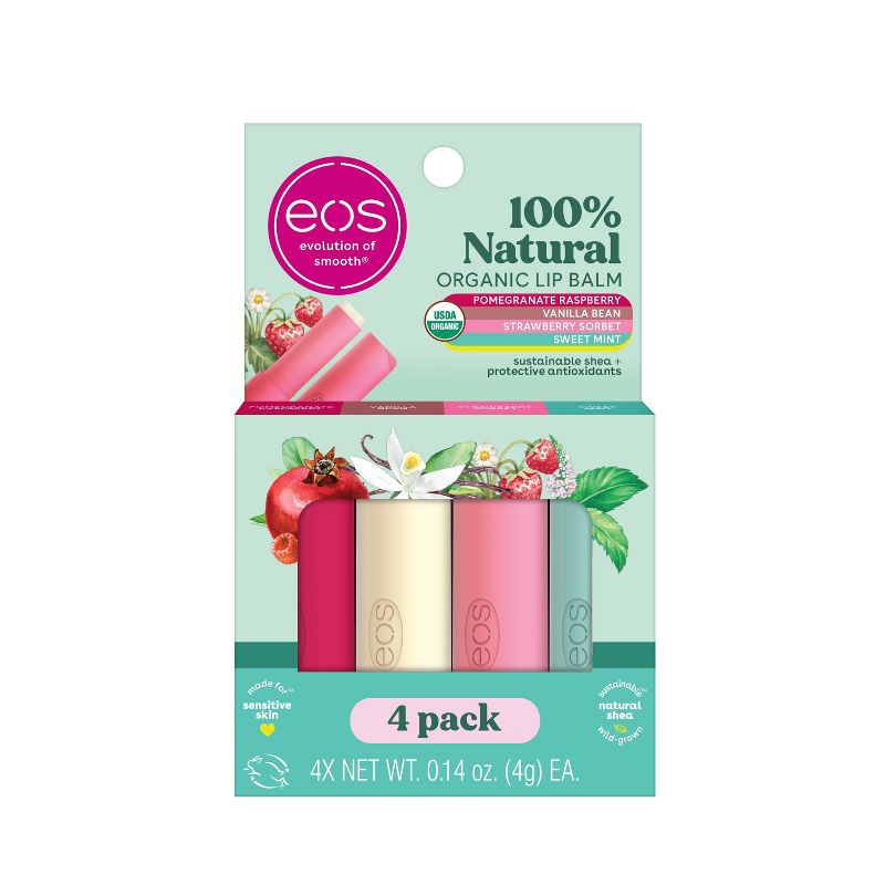eos Natural &#38; Organic Lip Balm Stick - Vanilla/Sweet Mint/Pomegranate Raspberry/Strawberry Sorbet - 4pk/0.56oz, 1 of 9