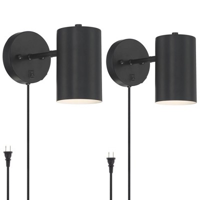 Black Metal Cylinder Plug-in Wall Lamps with USB Ports, Set of 2
