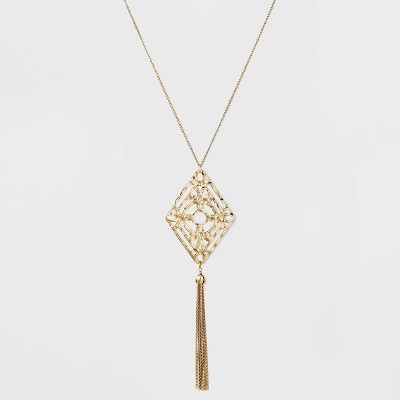 Filigree and Tassel Long Statement Necklace - A New Day™ Gold