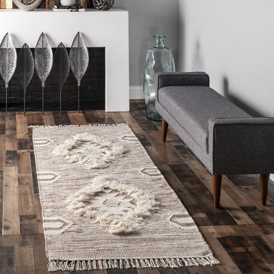 Beige Wool Geometric Flatwoven Shag Runner Rug with Tassels