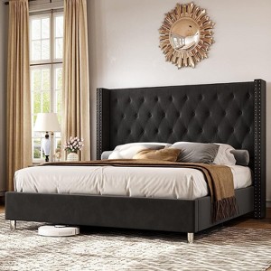 Bed Frame Upholstered Bed Wingback Headboard Velvet Tufted Diamond Button - 1 of 4