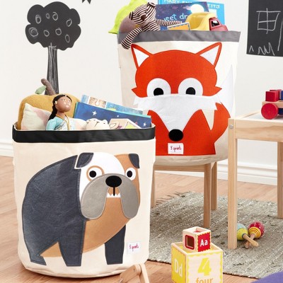 Gray Canvas Bulldog Kids Toy Storage Basket with Handles