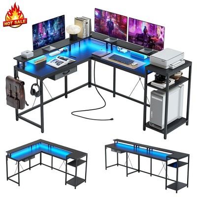 Whizmax L Shaped Gaming Desk,68" Computer Desk with Power Outlets&LED Lights,Home Office Desk with File Drawer,Corner Desk with Monitor Shelf and Hook