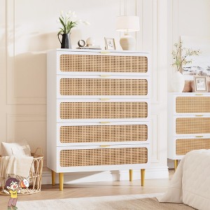 Jojoka 5 Drawer Rattan Dresser for Bedroom, Freestanding Tall Chest of Drawers with Metal Legs, Storage Organizer - 1 of 4