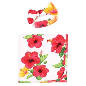 Touched by Nature Infant Girl Organic Cotton Swaddle Blanket and Headband, Hibiscus, One Size - 1 of 3