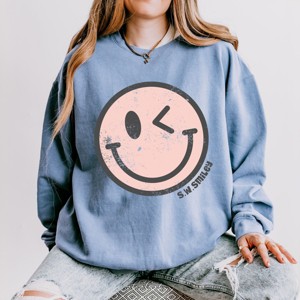 Simply Sage Market S.W.Smiley Pink Smiley Face Grunge Lightweight Garment Dyed Sweatshirt - 1 of 4