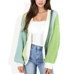 Anna-Kaci Women's Long Sleeve Open Front Color Block Knit Cardigan with Ribbed Cuffs and Hem - 1 of 4