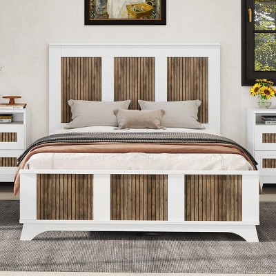 Streamdale Farmhouse Wooden Platform Full Size Bed, Modern Platform Bed with Wooden Strip Decoration, Plywood Slats Support, White
