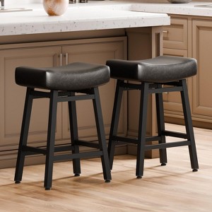 DYHOME 24 Inches Bar Stools, Saddle Kitchen Stools with PU Leather Cushion Counter Height Barstools, Set of 2 - 1 of 4
