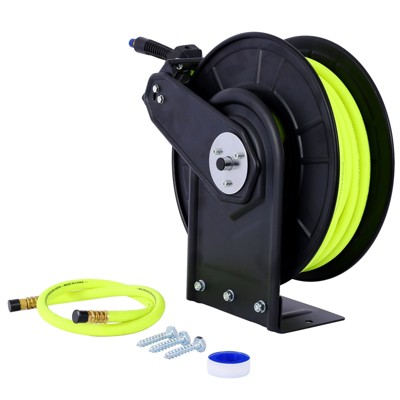 Retractable Air Hose Reel With 3/8" Inch x 50' Feet,Heavy Duty Steel Hose Reel Auto Rewind Pneumatic,Industrial Grade Rubber Hose,300 PSI