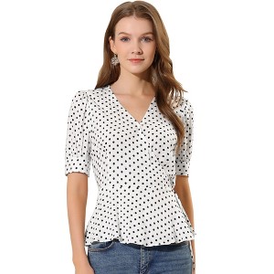 INSPIRE CHIC Women's Dots Print Tie Waist Ruffle Hem V Neck Wrap Peplum Shirts - 1 of 4