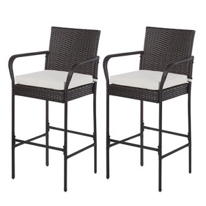FDW Outdoor Bar Chairs Patio Bar Stools Set of 2 All-Weather Patio Furniture with Footrest Armrest & Cushion, Brown - 1 of 4