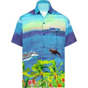 LA LEELA Men's Hawaiian Shirt Pocket Beach  X-Large Dolphin Blue - 1 of 4