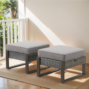 Buenhomino Patio Ottomans Set of 2, Outdoor Wicker Footrest with Thickened Cushions, Multipurpose Metal Patio Furniture for Backyard and Deck Use - 1 of 4
