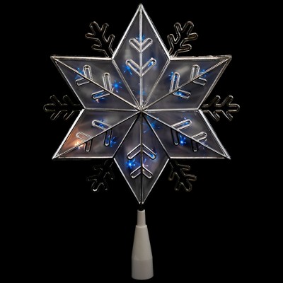 Silver and Frosted Plastic Snowflake Tree Topper with Blue Lights