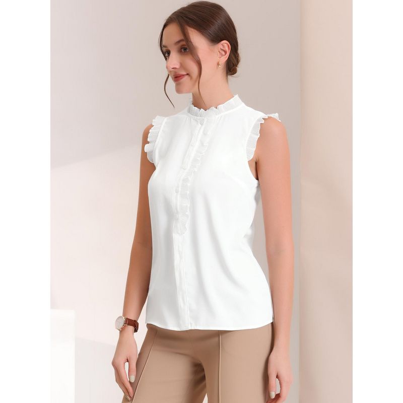 Allegra K Women's Summer Solid Ruffle Round Neck Sleeveless Button Up Shirt, 4 of 6