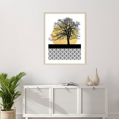 Yellow Moon Rising I Abstract Nature Lithograph with Brown Wood Frame