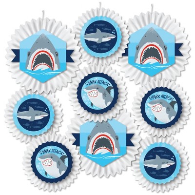 Big Dot of Happiness Shark Zone - Hanging Jawsome Shark Party or Birthday Party Tissue Decoration Kit - Paper Fans - Set of 9