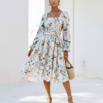 Knit & Lounge Women’s Smocked Bodice Long Sleeve Tiered Midi Dress Romantic Floral Print Belted