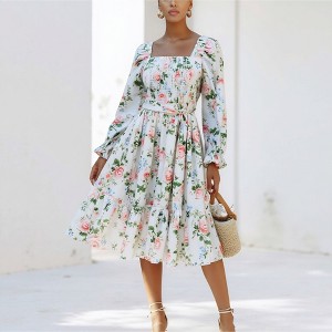 Knit & Lounge Women’s Smocked Bodice Long Sleeve Tiered Midi Dress Romantic Floral Print Belted - 1 of 4