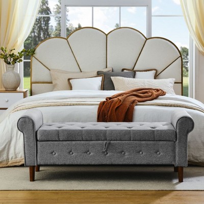 62" Storage Ottoman Bench, Bench with Storage, Modern Fabric Upholstered Ottoman, Flip Top Foot Rest Long Stool For Bedroom Gray