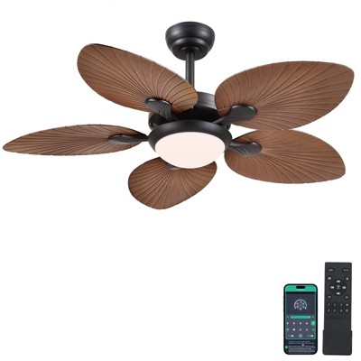 Kviflon 44 Inch Tropical Ceiling Fan with LED Lights, 5 Palm Leaf Blades,6 Speed,Dimmable LED,Light Brown,for Kitchen,Dining Room,Patio
