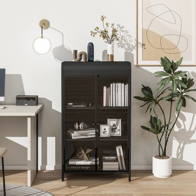 47.6inTall Metal Storage Cabinet with Glass Doors & Flip-Top, 4-Tier Display Cabinet with Open Shelves,Sideboard Buffet for Kitchen,Bathroom