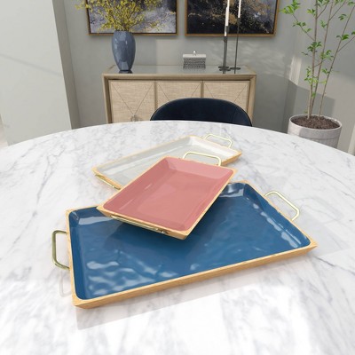 Multi Colored Enamel and Mango Wood Rectangular Tray Set