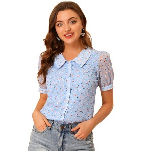 Allegra K Women's Floral Button Down Collar Semi Sheer Sweet Puff Sleeve Blouse Shirt - 1 of 4
