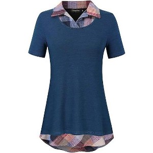 Women's Short Sleeve Contrast Collared Shirts Patchwork Work Blouse Tunics Tops - 1 of 4