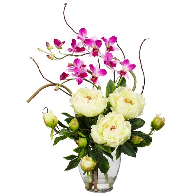 Nearly Natural Peony & Orchid Silk Flower Arrangement, White