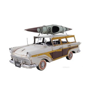 Old Modern Handicrafts 1957 Ford Woody-Look Country Squire Model – 1:15 Iron Vintage Wagon with Roof Kayak, 13.5" Length - 1 of 4
