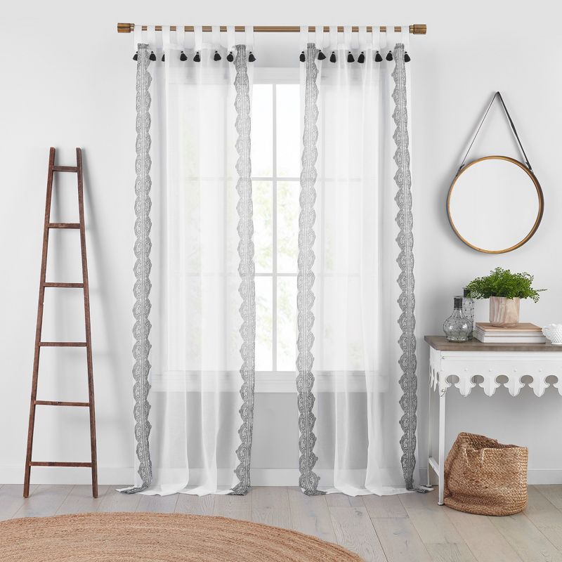 Shilo Boho Sheer Tab Top Single Window Curtain Panel with Tassels - Parent - Elrene Home Fashions, 1 of 4