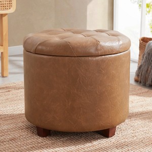 Ornavo Home Faux Leather Upholstered Round Tufted Storage Ottoman with Wooden Legs - 1 of 4