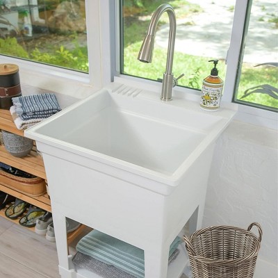 24-Inch White Polypropylene Freestanding Utility Sink with Stainless Steel Faucet