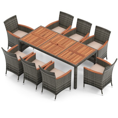 Mix Gray 9-Piece Outdoor Wicker Dining Set with Acacia Wood Table and Beige Cushions