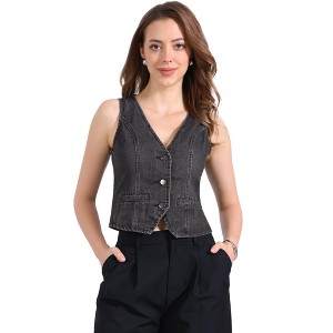 INSPIRE CHIC Women's Denim Sleeveless V Neck Button Down Casual Waistcoat Vest - 1 of 4