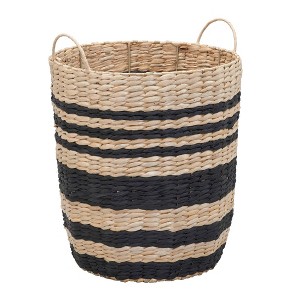 Household Essentials Multi-Band Basket with Handles Cattail and Paper Rope: Handwoven Tall Storage, Black, 18" Round - 1 of 4