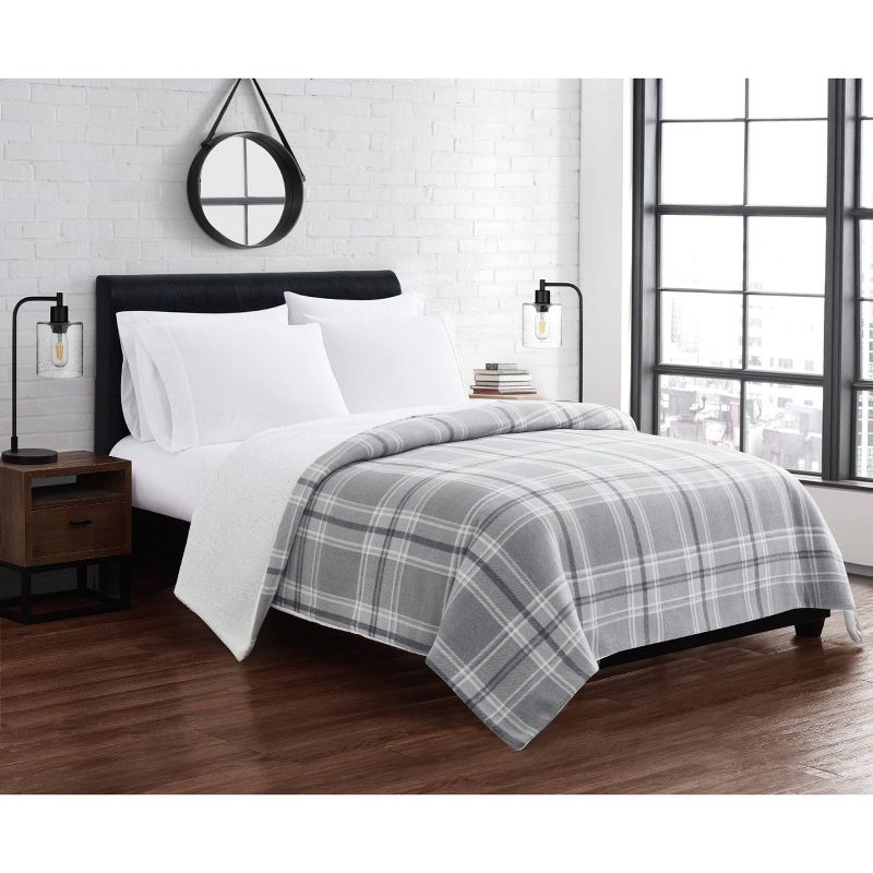 King Cozy Teddy Bed Blanket Gray Plaid - Cannon, 1 of 8