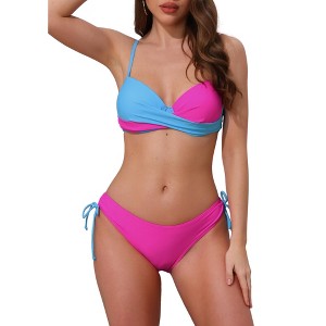 INSPIRE CHIC Women's Front Cross Contrast Color Bikini Sets, Strappy Top Tie Size Triangle Bottoms Swimwear Bathing Suits 1 Set - 1 of 4