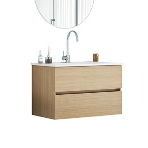 Gulches 32 in 1 Sink Wall-Mounted Vanity Natural Bath Vanity with White Ceramic Top Double Soft-Close Drawers Handle-Free - 1 of 4